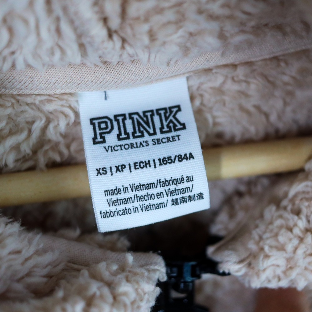 PINK‎ Victoria's Secret Sherpa Teddy Fleece Hoodie XS Beige Quarter Zip Pullover - Picture 5 of 12